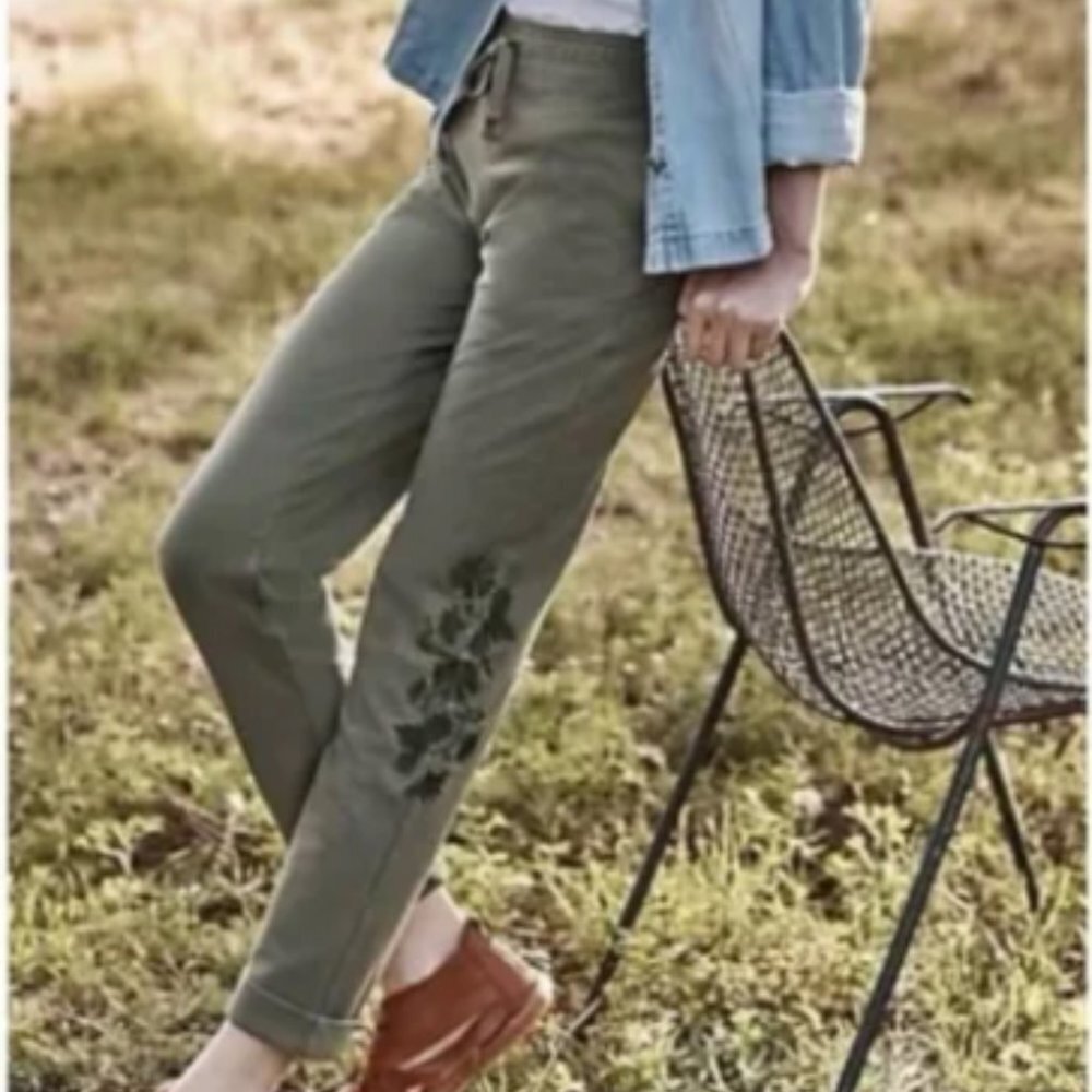 J. Jill Green Cuffed Embroidered Ankle Drawstring Cotton Joggers